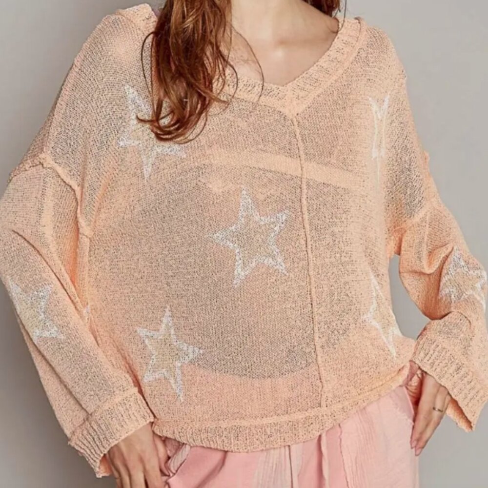POL Peach Star V-Neck Knit Sweater